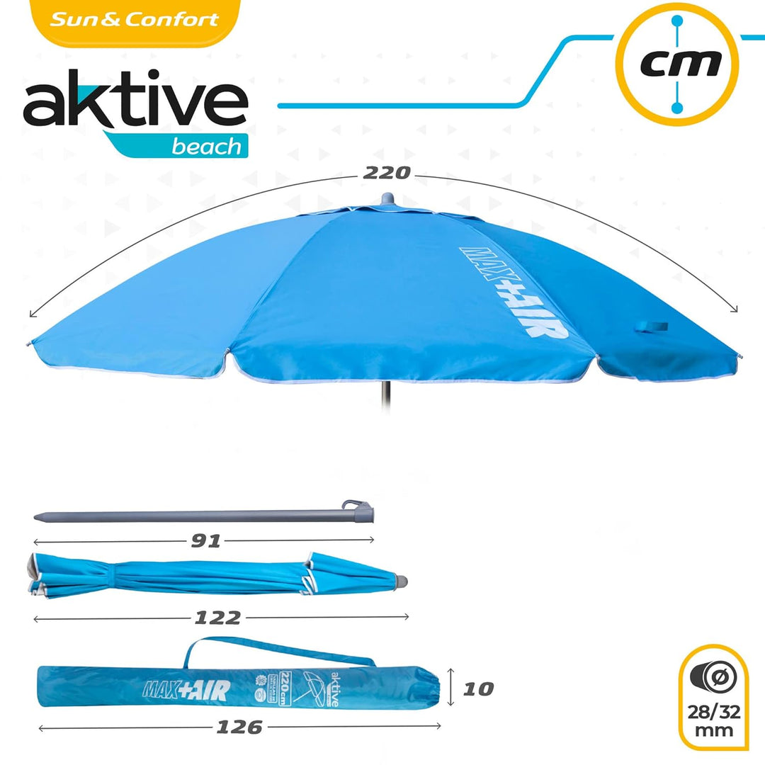 AKTIVE 62239 - Grosser Strandschirm Anti-Wind, Ultra Resistent, Kippstange, Inklusive Aufbewahrungst