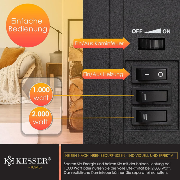 KESSER® Elektrokamin mit Heizlüfter & Fernbedienung 2000W Elektro Kamin Elektrischer Heizung LED Kam