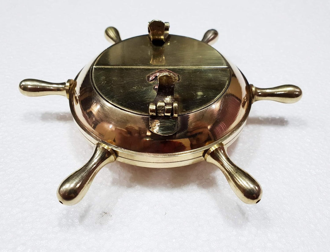Antique Vintage Messing Schiffsrad Aschenbecher Anker Inay 12,7 cm nautisches Zigarrenetui