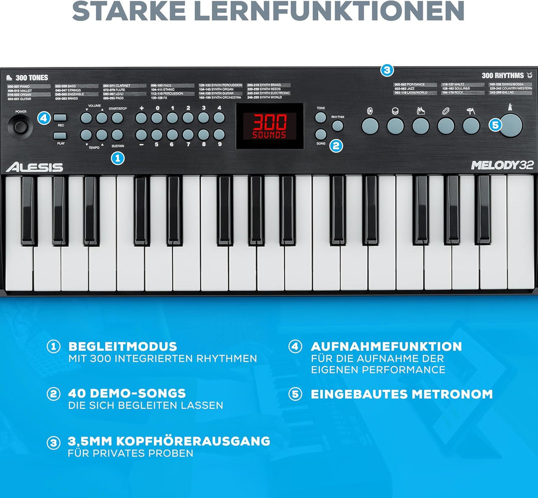 Alesis Melody 32 – Tragbares 32-Tasten Mini-Digitalpiano mit eingebauten Lautsprechern, 300 integrie