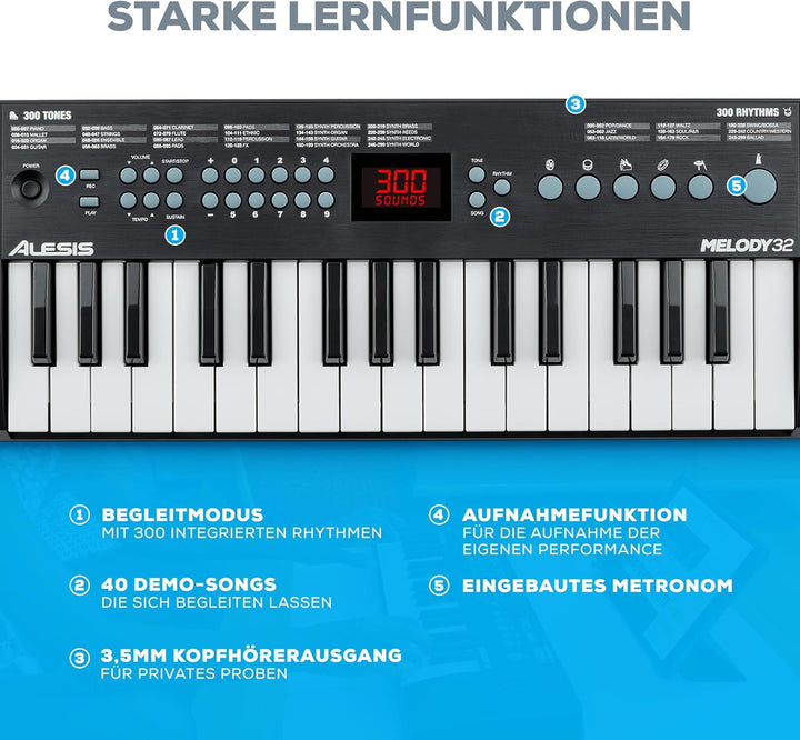 Alesis Melody 32 – Tragbares 32-Tasten Mini-Digitalpiano mit eingebauten Lautsprechern, 300 integrie