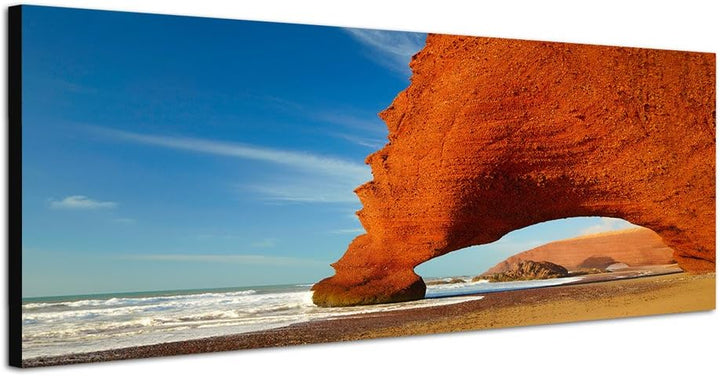 Paul Sinus Art Panoramabild auf Leinwand und Keilrahmen 150x50cm Marokko Felsen Meer Strand Himmel