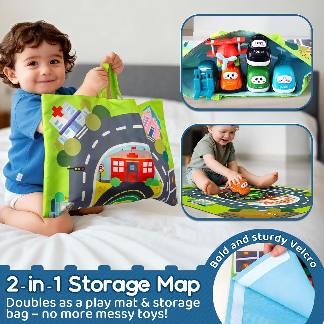 lerrbo 6 PCS Cartoon Lastwagen Auto Spielzeug mit Kräne/Spielmatte/Aufbewahrungstasche|Babyspielzeug