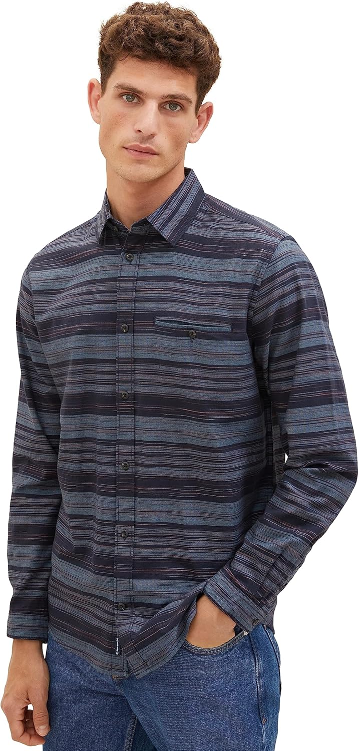 TOM TAILOR Herren Regular Fit Chambray Hemd aus Baumwolle, 32282 - Navy Irregular Cross Stripe