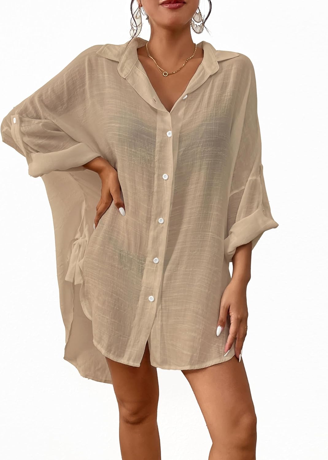 Bsubseach Frauen Button Down Strand Shirt Cover Up für Bademode Bluse Tops Aprikose L, Aprikose L