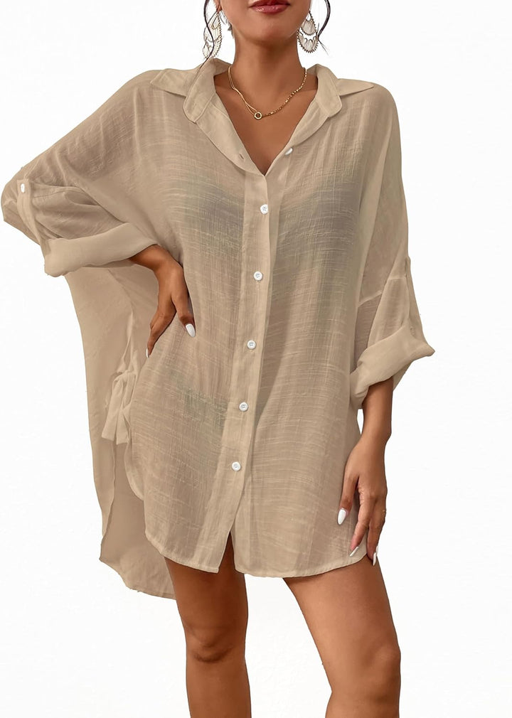 Bsubseach Frauen Button Down Strand Shirt Cover Up für Bademode Bluse Tops Aprikose L, Aprikose L