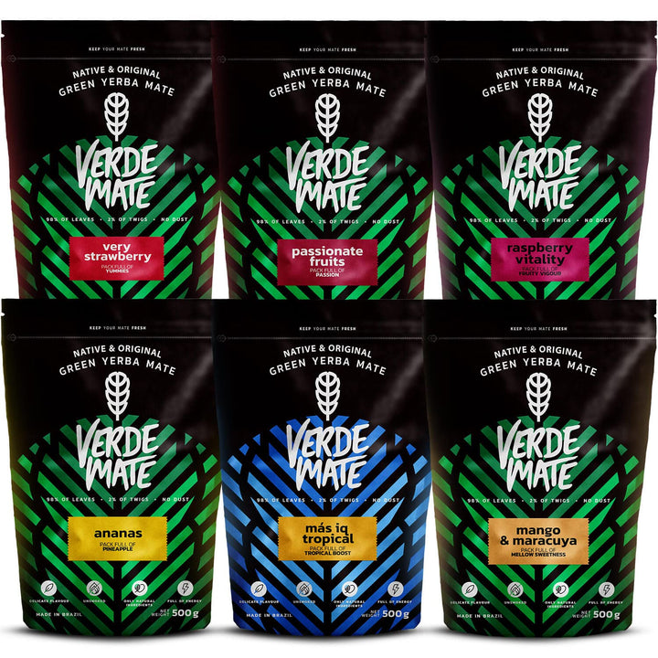 Mate Tee Verde Mate Set 3kg - Yerba Mate aus Brasilien Ananas, Erdbeere, Tropisch, Passionsfrucht, 6