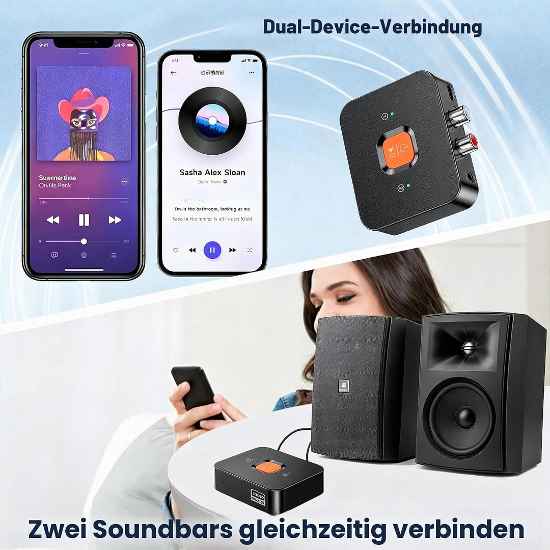 Bluetooth 6.0 Audio Empfänger mit AUX/RCA 3.5mm | Bluetooth Audio Adapter, Duale Verbindung für 2 Ge