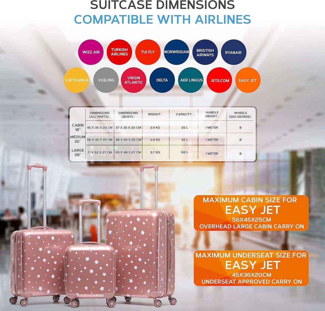Flight Knight Luggage Set - 8 Wheel Hard Case Suitcases - TSA Lock - Cabin & Check-In Large Sizes -