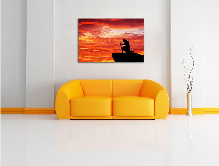 Pixxprint Samurai auf der Spitze des Berges als Leinwandbild/Grösse: 100x70 cm/Wandbild/Kunstdruck/f