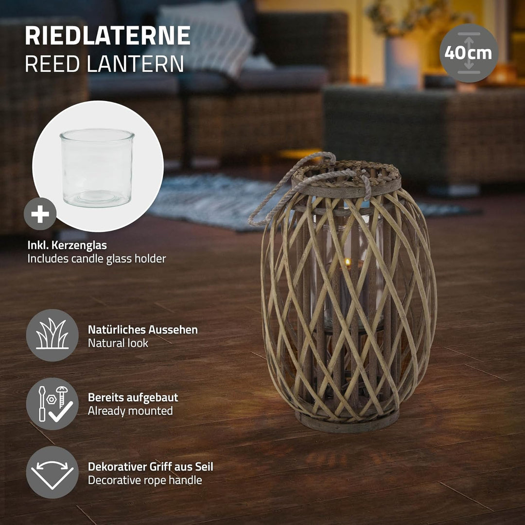 ECD Germany Laterne Ried 40xØ26 cm mit Henkel, Natur Grau/Braun, Holz Flechtoptik Rattan Windlicht m