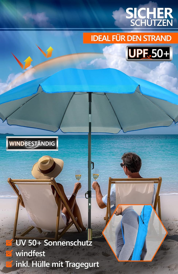 4smile Sonnenschirm Strand SunnyJoy Ø 2 m, Blau – 3er Set inkl. Strandschirm windfest stabil, Rasend