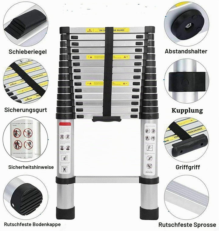 5 m Teleskopleiter mit Dachhaken-Kit Aluminium, tragbar, multifunktional, faltbar, tragbar, strapazi