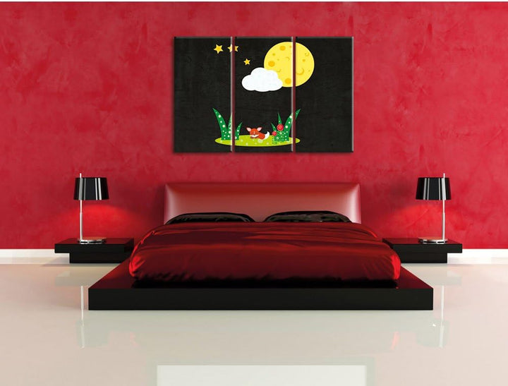 Pixxprint Fuchs auf Wiese nachts als Leinwandbild/Grösse: 3 Teilig (120x80) cm/Wandbild/Kunstdruck/f