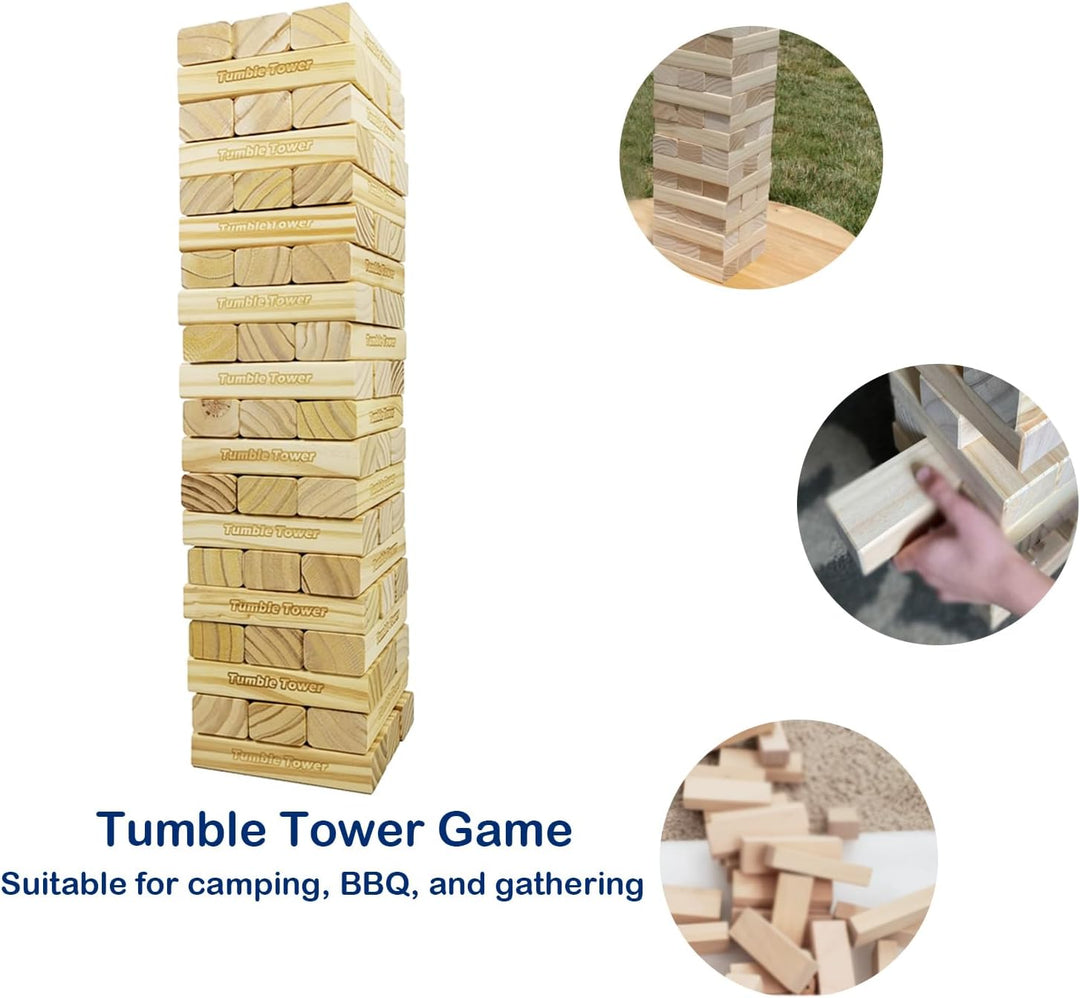 JacMok Jumbo Tumble Tower-Wackelturm-Turm Spiel 60 Stück Kiefernholz Toppling Blocks Spielzeug mit T