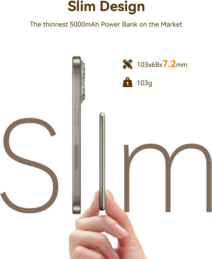 Kuulaa Ultra Slim MagSafe PowerBank, 5000mAh Kabelloses Ladegerät kompatibel mit iPhone 15 Pro/15 Pr