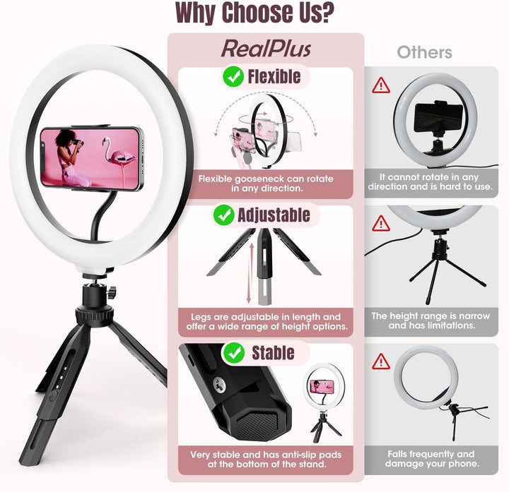 RealPlus 10" Ringlicht mit Stativ Handy, Geschenk für Frauen, Ringlicht Handy & Kamera Stativ, 3 Lic