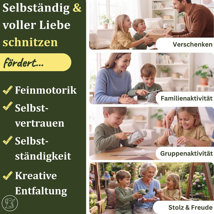 Eli® Speckstein Set - Schnitzset inkl. Schildkröte Rohling mit Werkzeug | Raspel - Schleifpapier - S