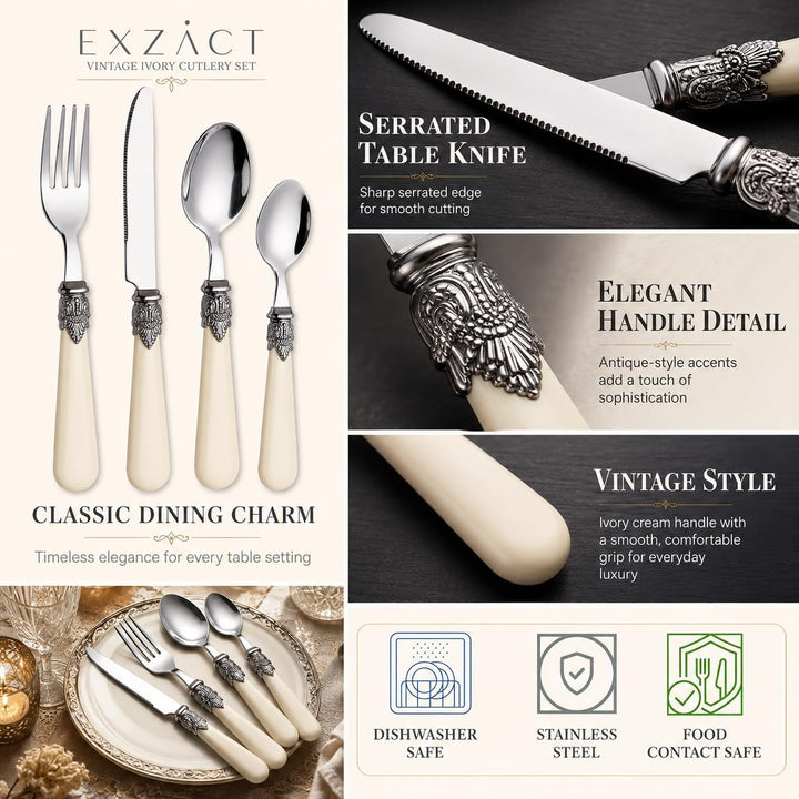 EXZACT Elfenbein Creme Besteck Set 24 Stück, Edelstahl mit detaillierten Griff, traditionelle, elega