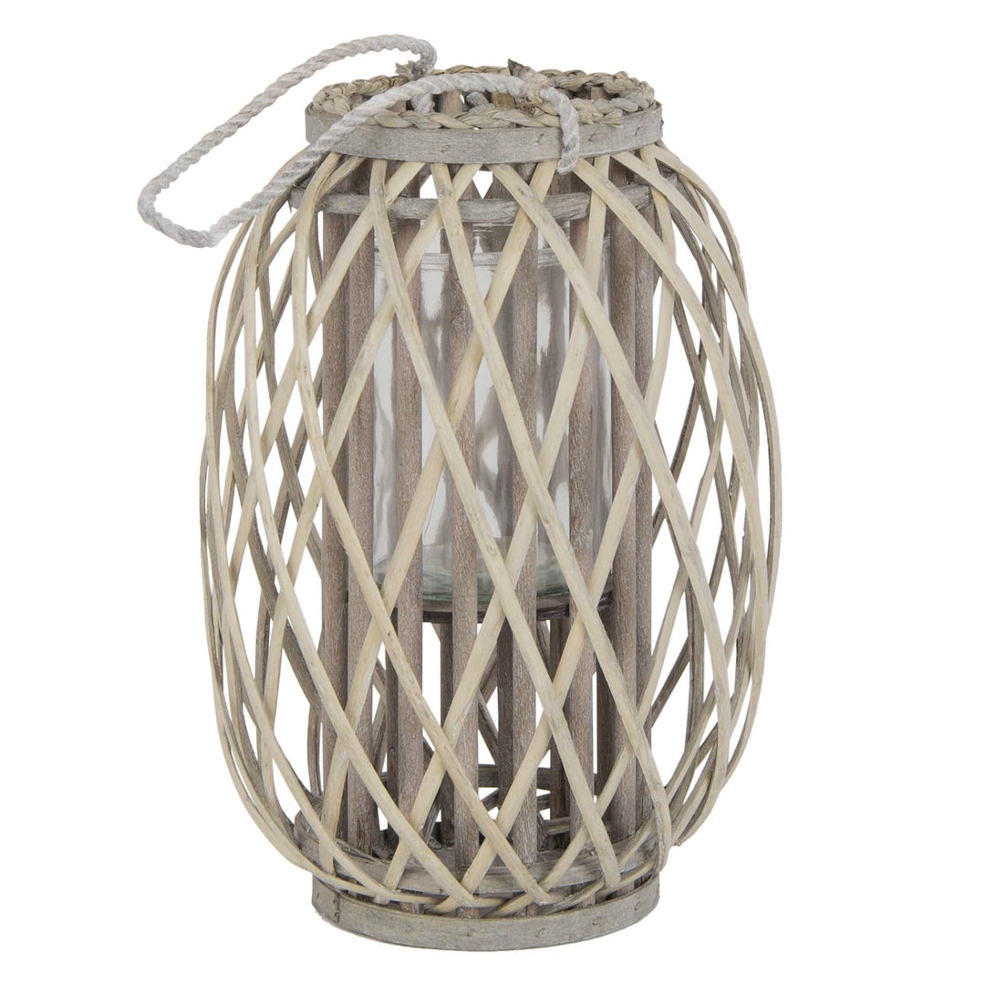 ECD Germany Laterne Ried 40xØ26 cm mit Henkel, Natur Grau/Braun, Holz Flechtoptik Rattan Windlicht m
