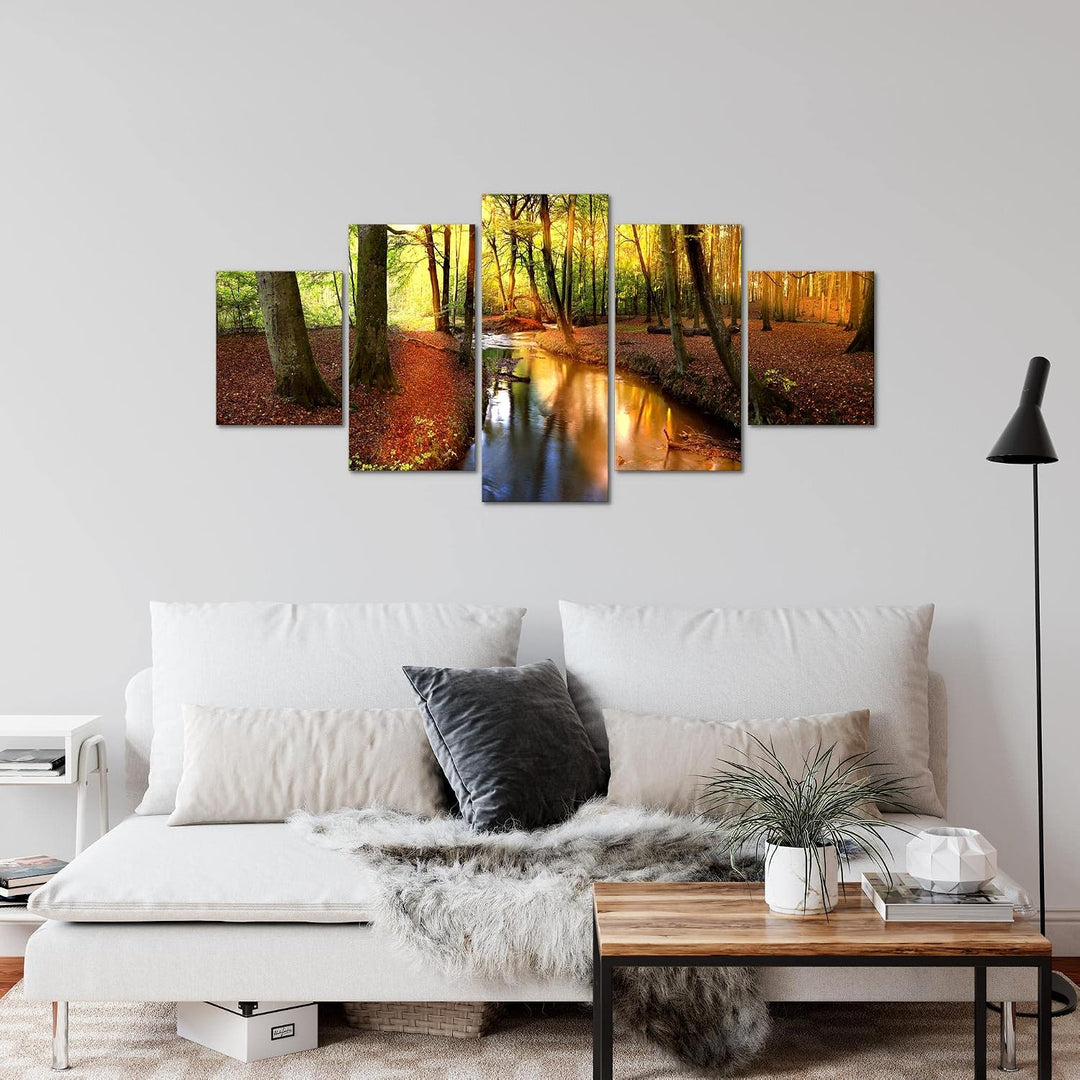 Runa Art Wandbilder Wald Landschaft 5 Teilig Bild auf Vlies Leinwand Deko Schlafzimmer Wohnzimmer Fl