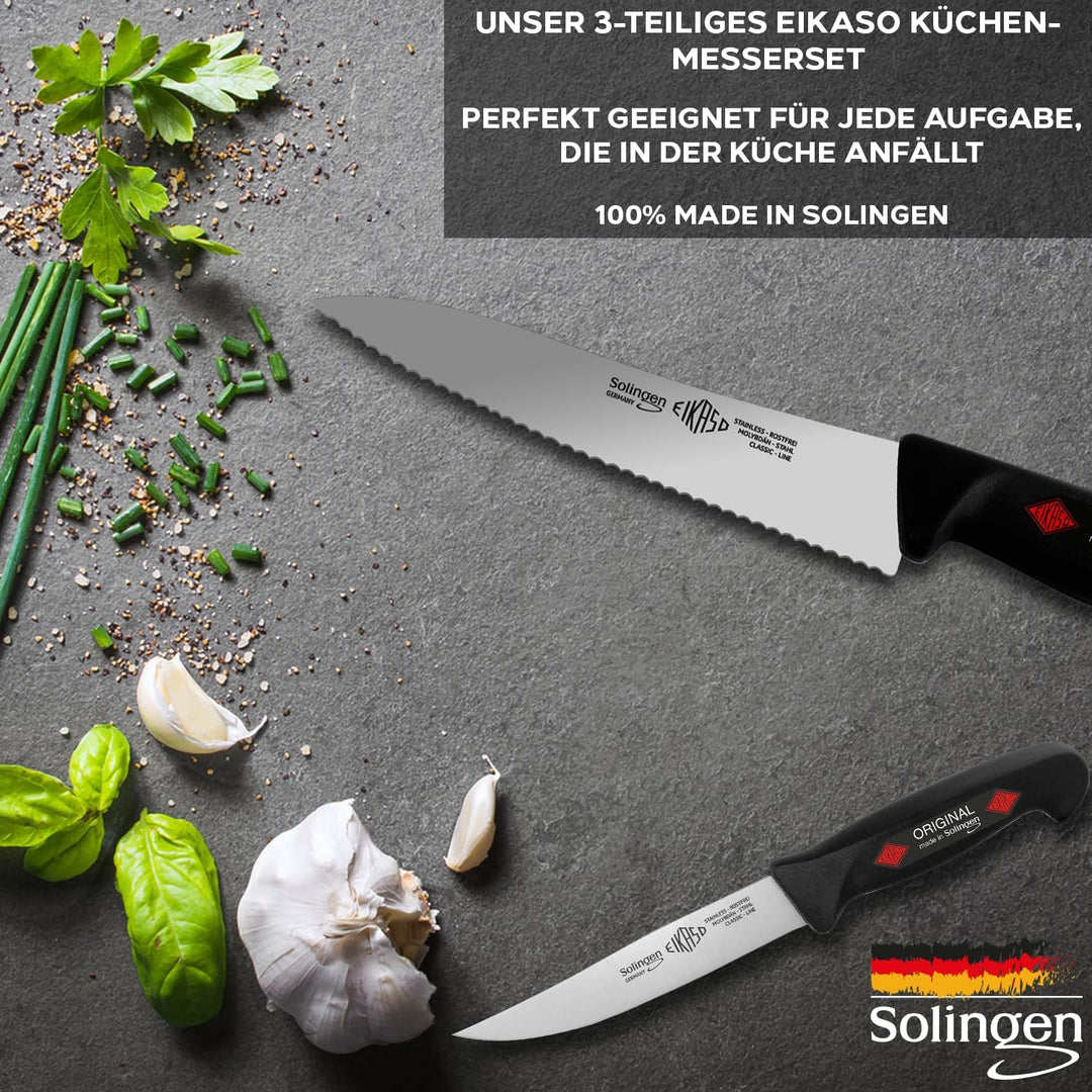 EIKASO Solingen Küchenmesser Set Haushaltsmesser Set 3 Teilig aus Molybdänstahl 1.4116 mit ergonomis