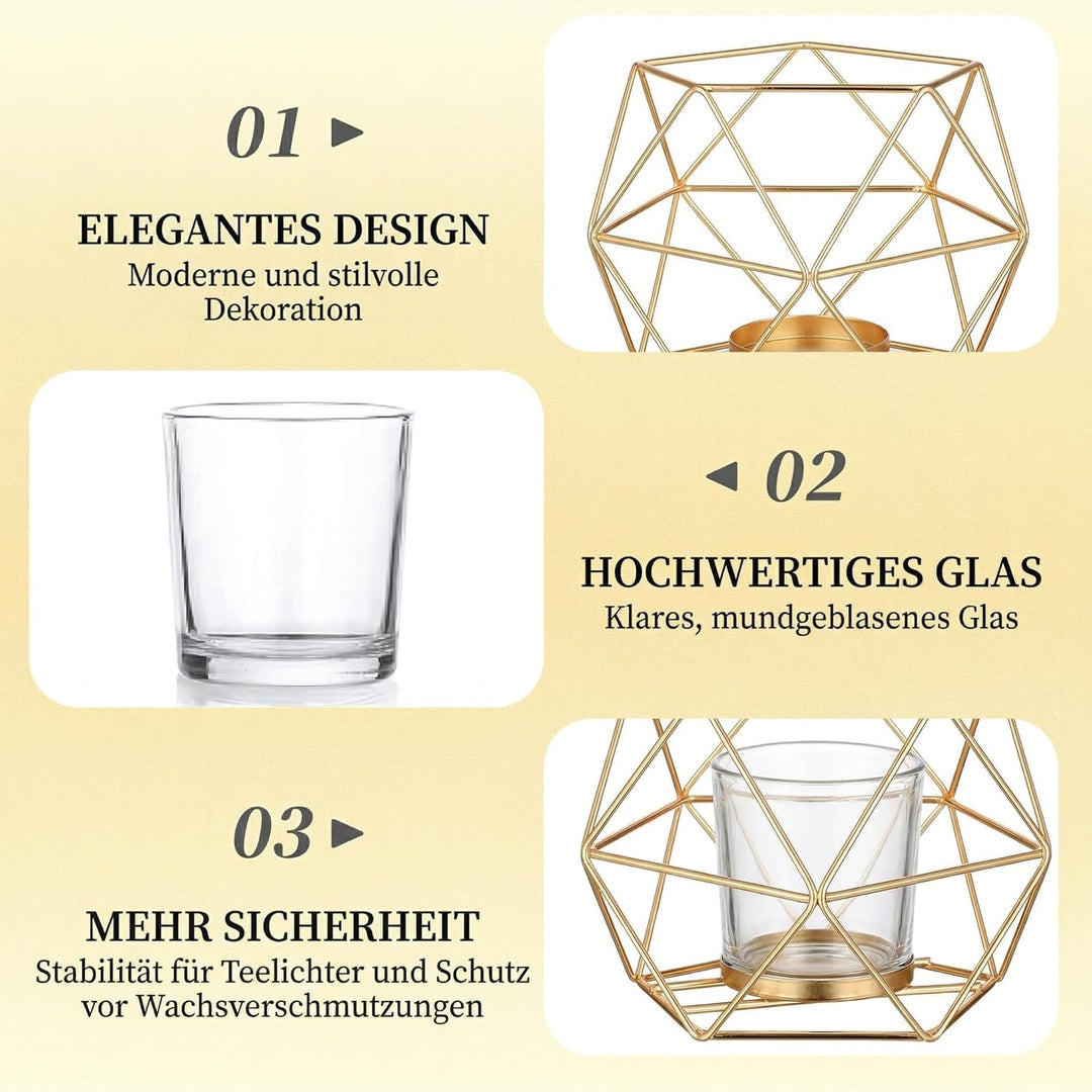 Hewory Teelichthalter Gold Geometrische Metall: 12er Set Teelichthalter Glas Windlicht Goldene Tisch