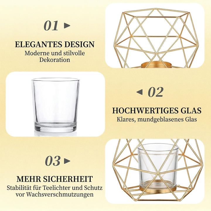 Hewory Teelichthalter Gold Geometrische Metall: 12er Set Teelichthalter Glas Windlicht Goldene Tisch