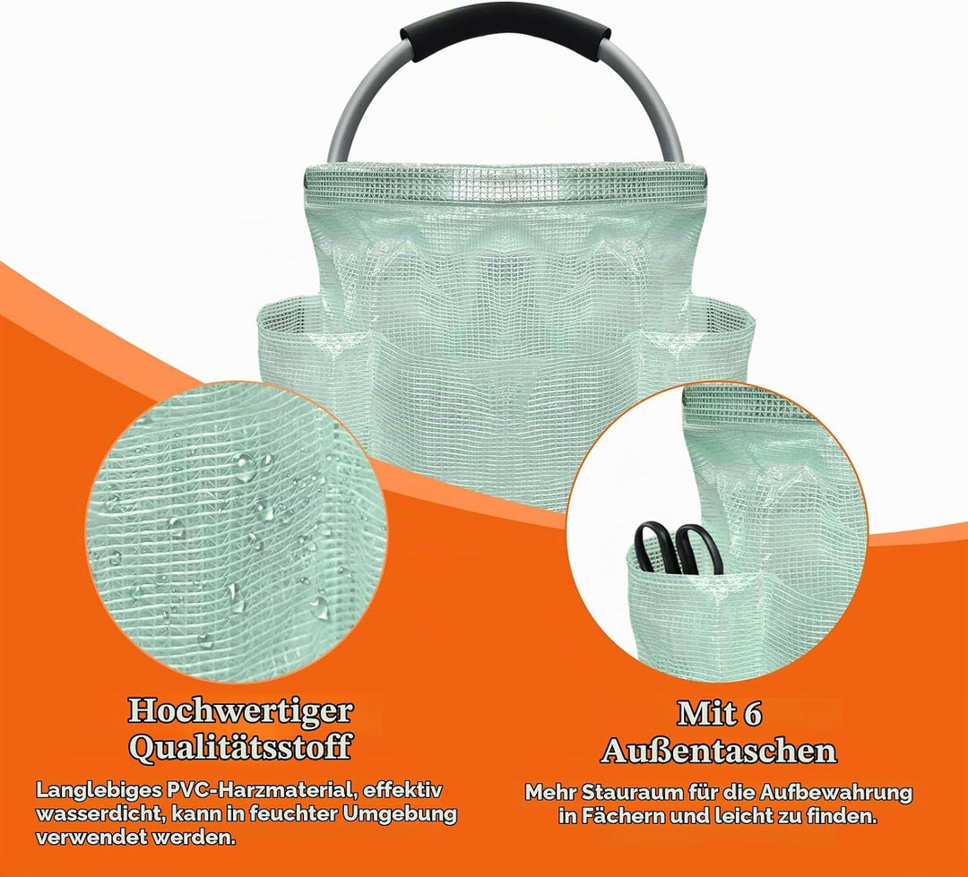 17L Einkaufskorb Faltbar, Strandtasche mit Henkel und 6 Taschen, Tragbarer Putzmittel Organizer aus