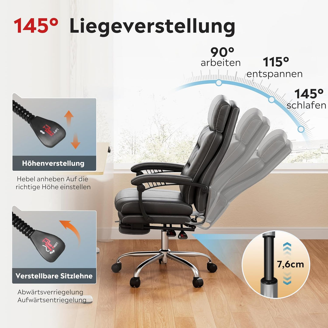 DEVAISE Chefsesse PU Leder, Bürostuhl Ergonomisch mit Fussstütze und Lendenwirbelstütze, Wippfunktio