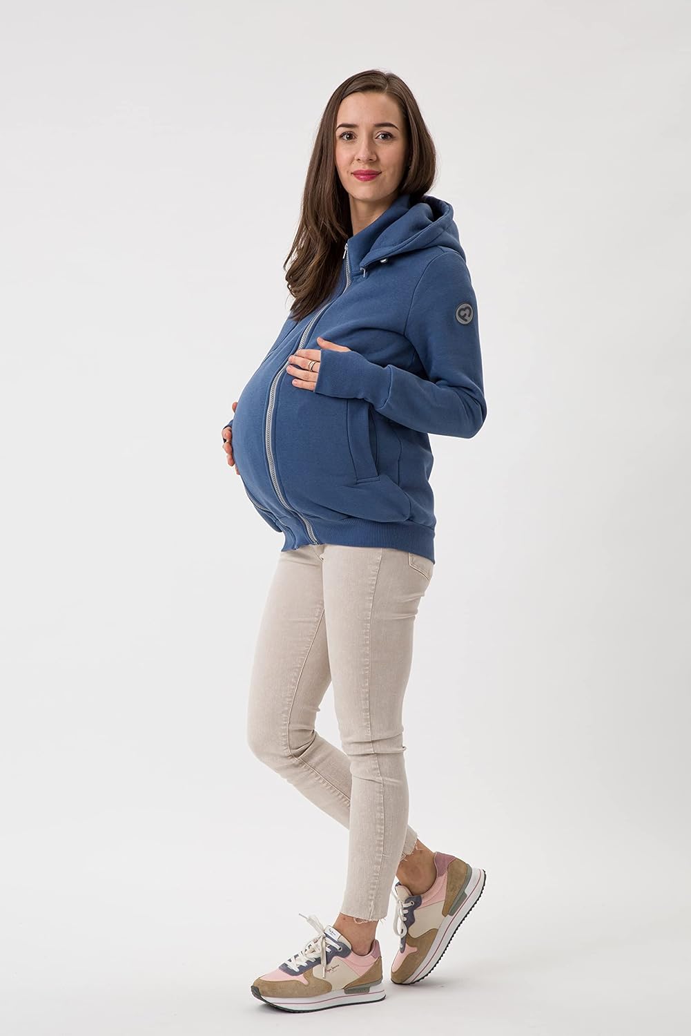 fun2bemum Pola 4in1 Baby Tragejacke für Mama Känguru Kapuze VORNE/HINTEN S Jeans Blau, S Jeans Blau