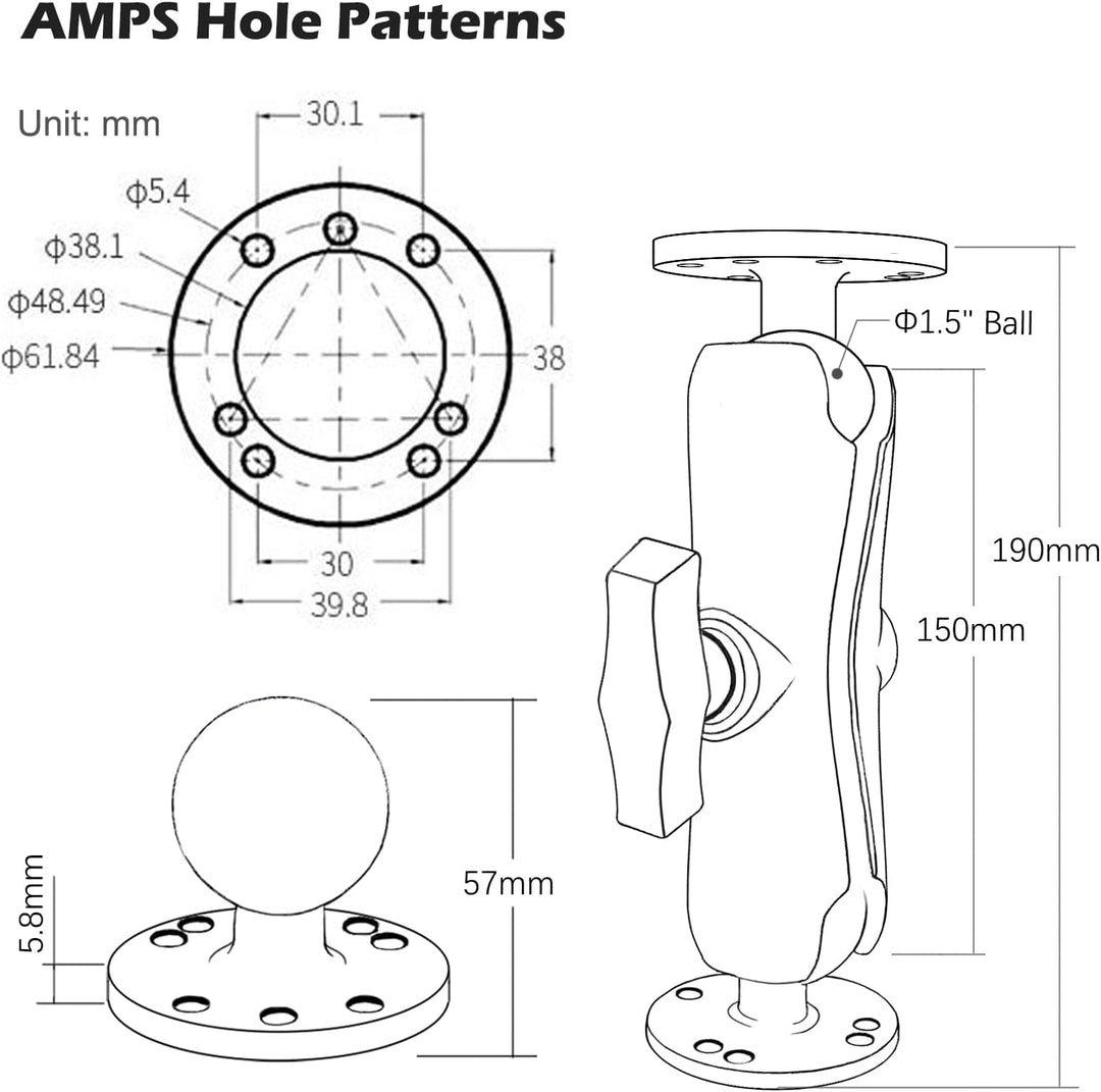 1,5 Zoll AMPS-Halterung, Doppelkugelhalterung mit 38mm/1,5''/C Grösse Kugeladapter, Aluminiumguss, k