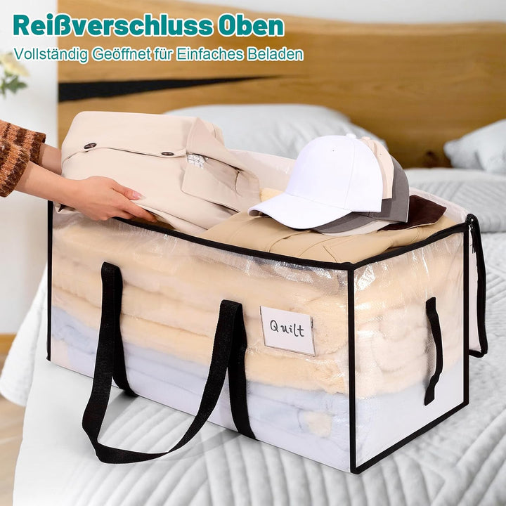 10 Stück 90L Grosse Aufbewahrungstasche mit Deckel, Transparente Umzugskartons Gross mit Reissversch