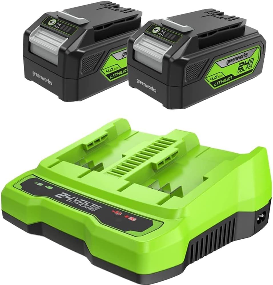 Greenworks 24V Akkus & Doppellader Ladegerät - Zwei 4Ah Batterien, wiederaufladbarer Akku für alle G