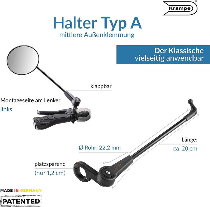 Krampe KF1 Typ A | Einklappbarer Fahrradspiegel rund |Nur links montierbar | Für alle Arten von Fahr