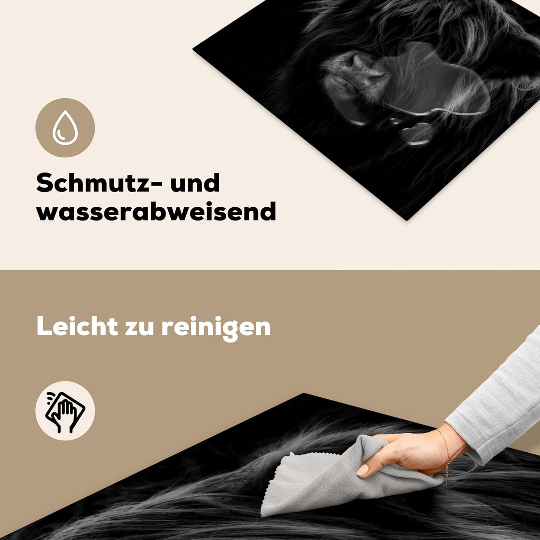 MuchoWow Herdabdeckplatte Ceranfeld Spritzschutz Küche Schottischer Highlander - Kuh - Schwarz - Wei
