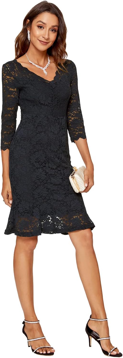 Atnlewhi Damen 3/4 Ärmel Kleid V-Ausschnitt Formeller Abend Bodycon Knielang Vintage Spitzenkleid El