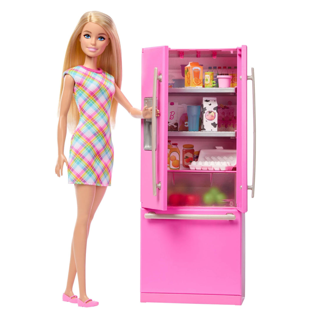 Barbie-Puppe und Küche Spielset mit Kühlschrank und 10 Zubehörteilen, darunter Essen und Aufkleberbo