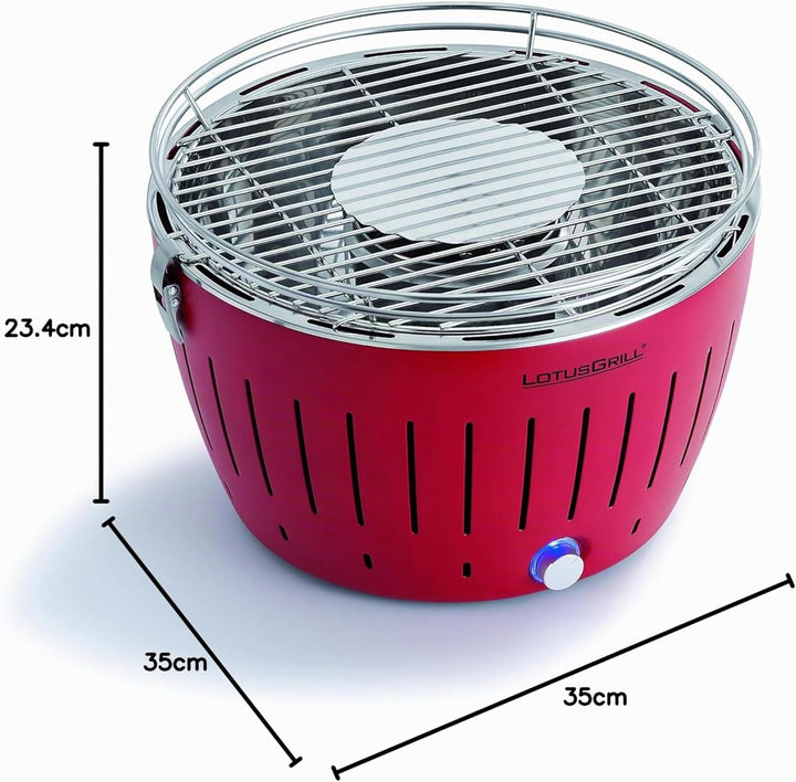 LotusGrill Classic Feuerrot G340 Rot Tischgrill Holzkohlegrill Raucharm USB-Anschluss Red, Red