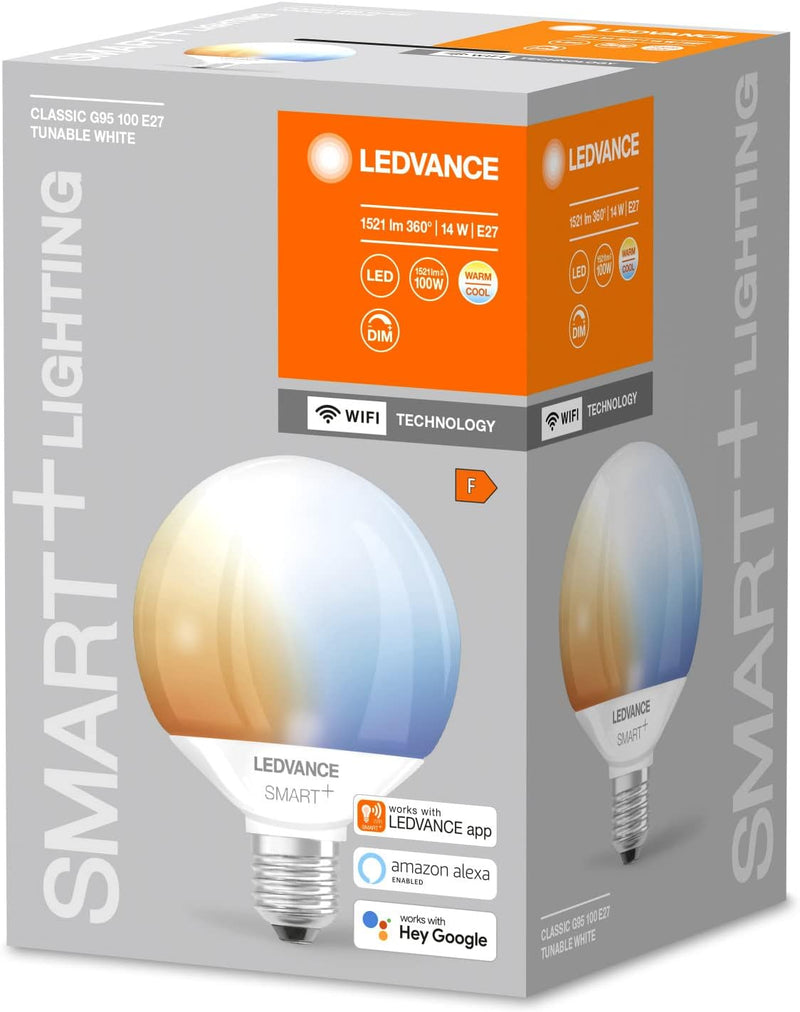 LEDVANCE Smarte LED-Lampe mit Wifi Technologie, E27, Dimmbar, Lichtfarbe änderbar (2700-6500K), Glob