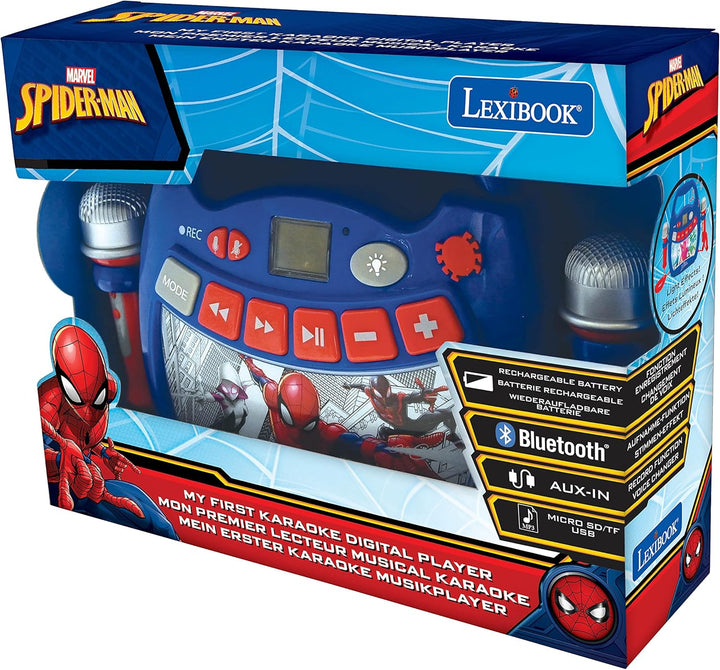 Lexibook, Spider-Man, Tragbarer digitaler Karaoke-Player für Kinder, Mikrofone, Lichteffekte, Blueto