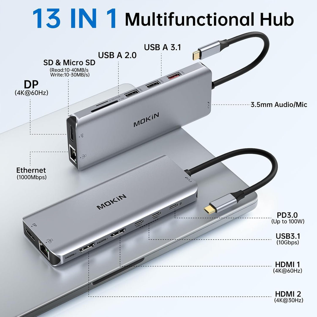 Docking Station USB C Triple Display Dockingstation Dual HDMI Displayport, USB C Hub 2 Monitor Displ