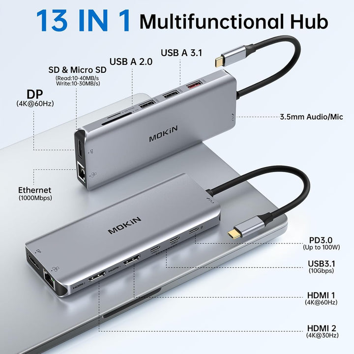 Docking Station USB C Triple Display Dockingstation Dual HDMI Displayport, USB C Hub 2 Monitor Displ