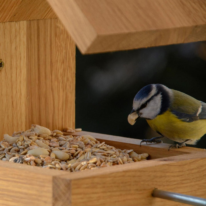 Luxus-Vogelhaus 46850e Eichenholz Vogelfutterhaus zum Aufhängen mit Satteldach und Anflugstange Eich