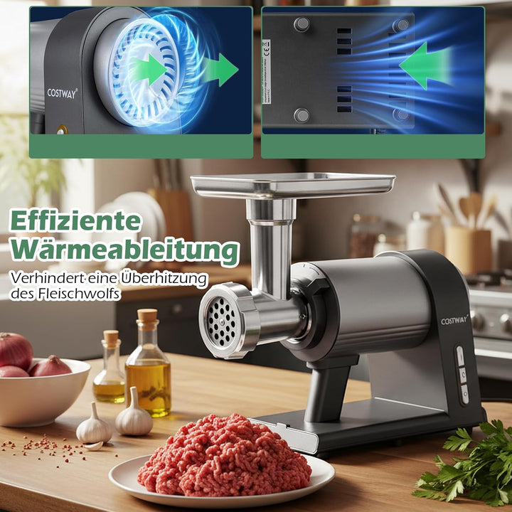 COSTWAY Elektrischer Fleischwolf, 2000W Hackfleisch maschine mit 3 Wurstfüllrohren, 3 Lochscheiben,