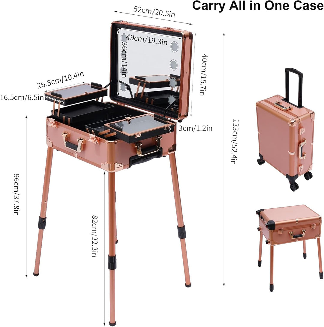 Kosmetikkoffer Trolley mit Spiegel und Licht Mobile Schminkstation Tisch, Einstellbare Höhe und Hell