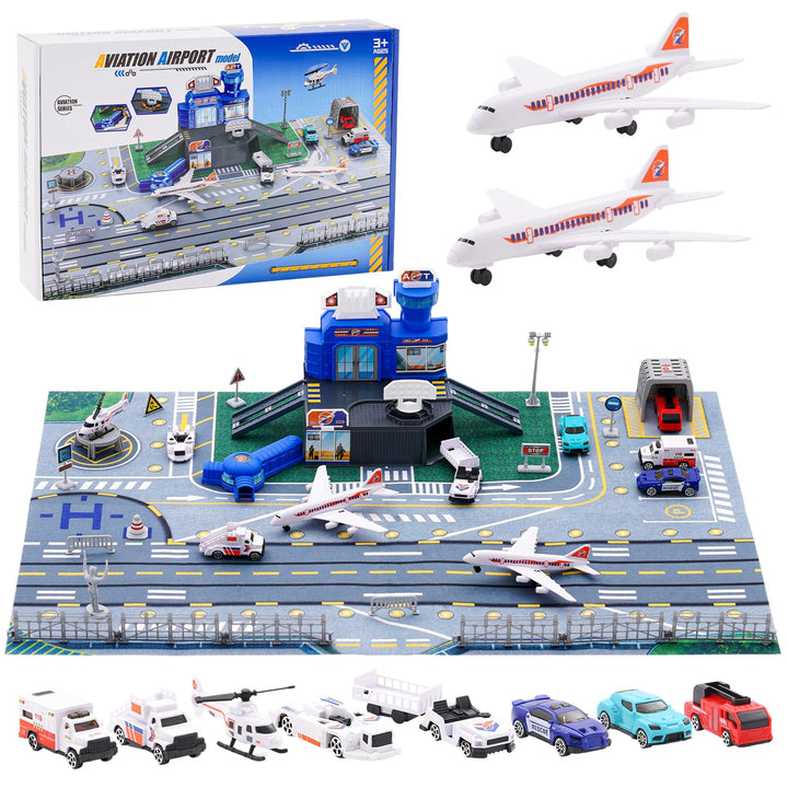 Flugzeug Spielzeug für Kinder mit Hubschrauber, Flugzeug, Lastwagen, Schilder, Feuerwehrautos und Fl