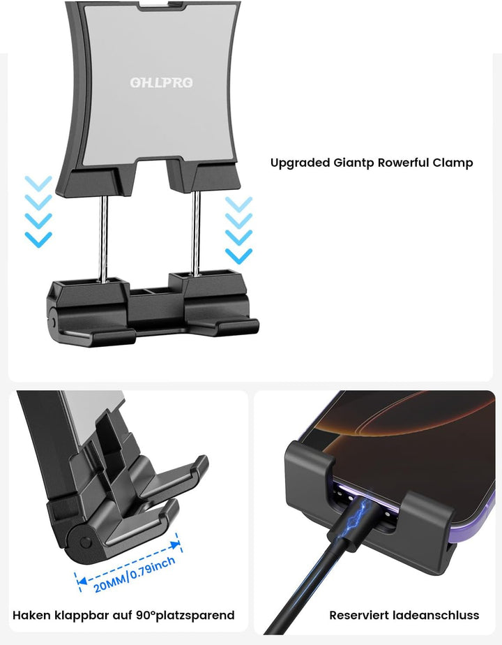 OHLPRO Tablet Halterung Auto,360° Drehung Tablethalterungen 18cm Ausziehbare Arm+ Waschbar Saugnapf,