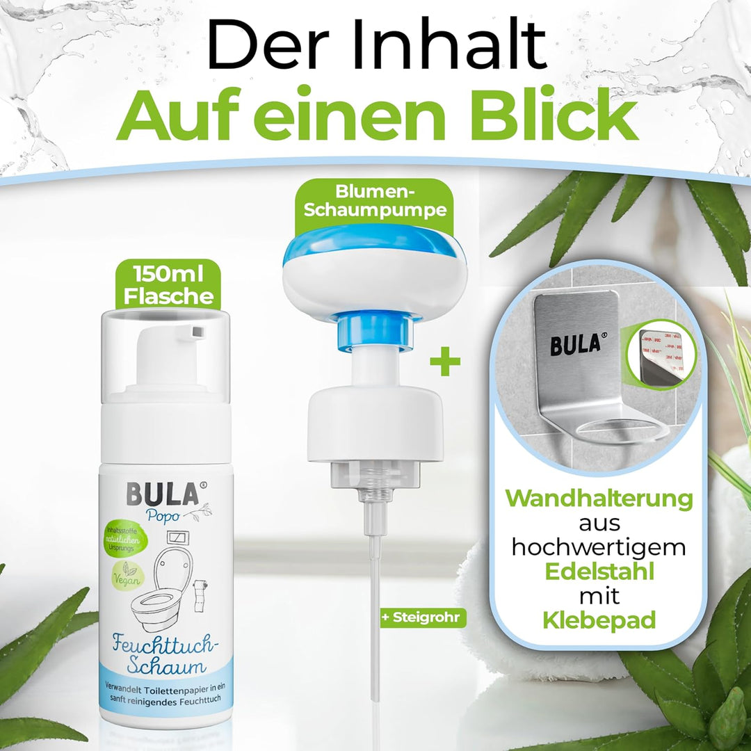 BULA® Popo Home Bundle | Feuchttuch-Schaum 150ml Flasche + Blumen-Schaumpumpe inkl. Edelstahl Halter