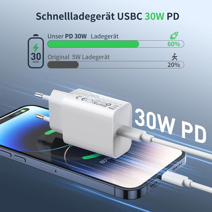 30W Schnellladegerät und Schnellladekabel for iPhone 14/14 Pro/14 Pro Max/14 Plus 13 12 11 SE XR X X